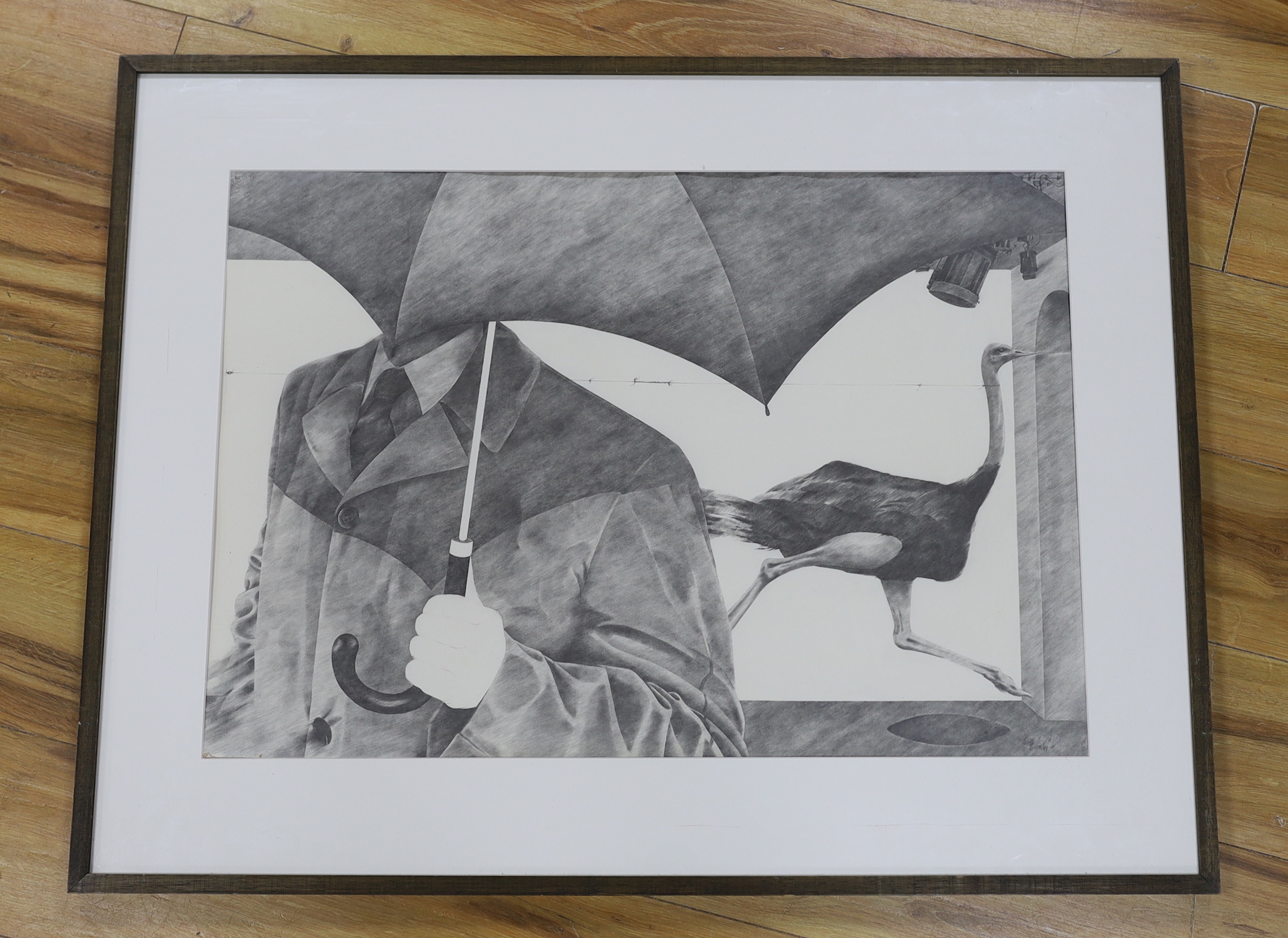 Contemporary pencil, filmset, figure with umbrella and ostrich, indistinctly signed and dated, possibly Keith Tomlin, ‘91, 71cm x 49cm